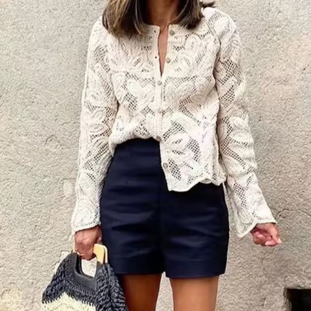 Floral Crochet Top long sleeve button up Crochet cream khaki Beige beach summer - Picture 5 of 5